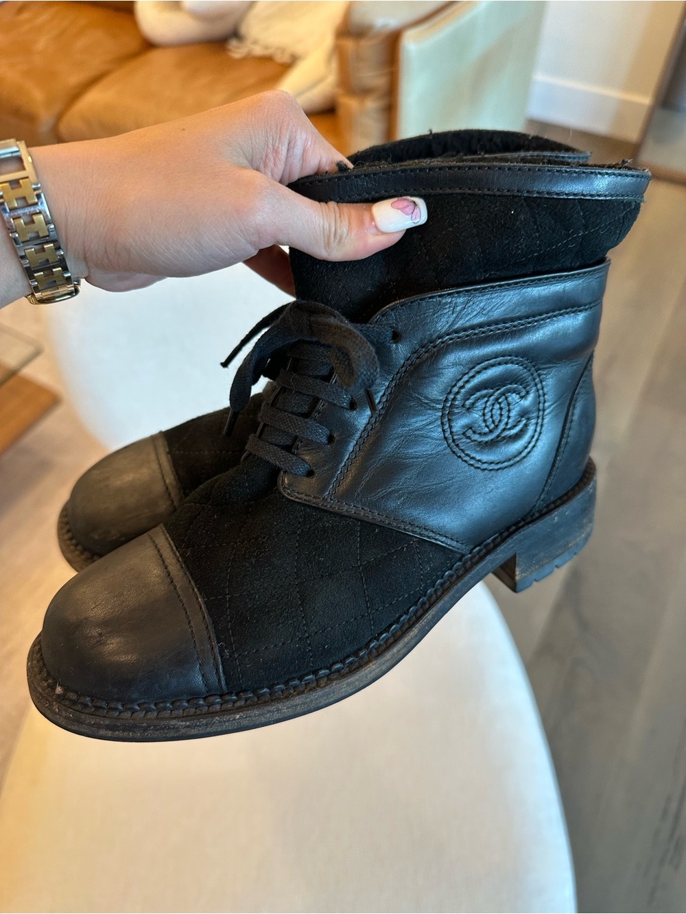 CHANEL Black Quilted Leather & Suede Lace-Up Ankle Combat Boots